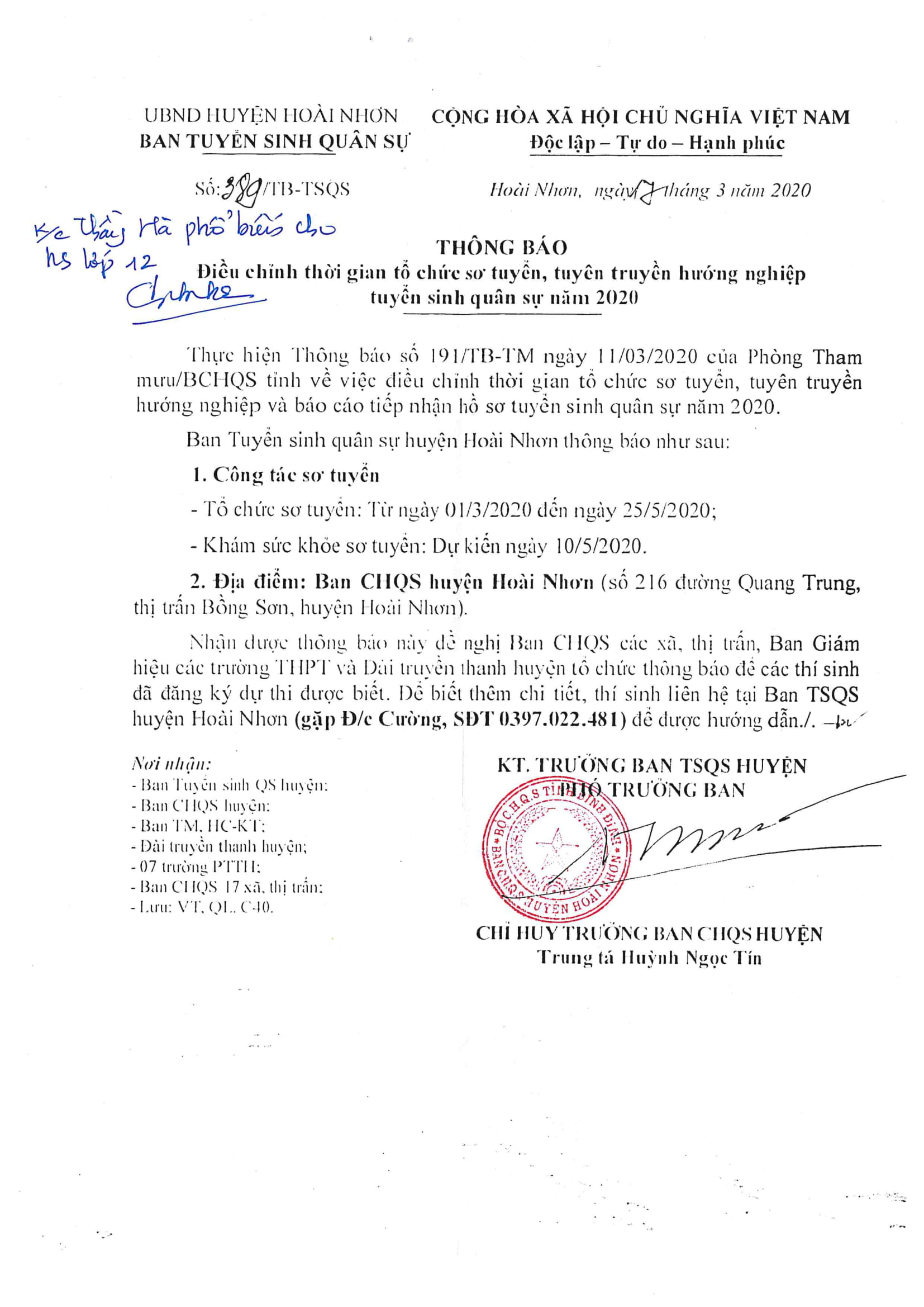 Thông báo điều chỉnh thời gian tổ chức sơ tuyển, tuyên truyền hướng nghiệp tuyển sinh quân sự năm 2020